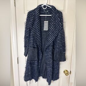 NWT LOLA Woolen Long Fuzzy Cardigan Size Small Navy & Gray W’Pockets